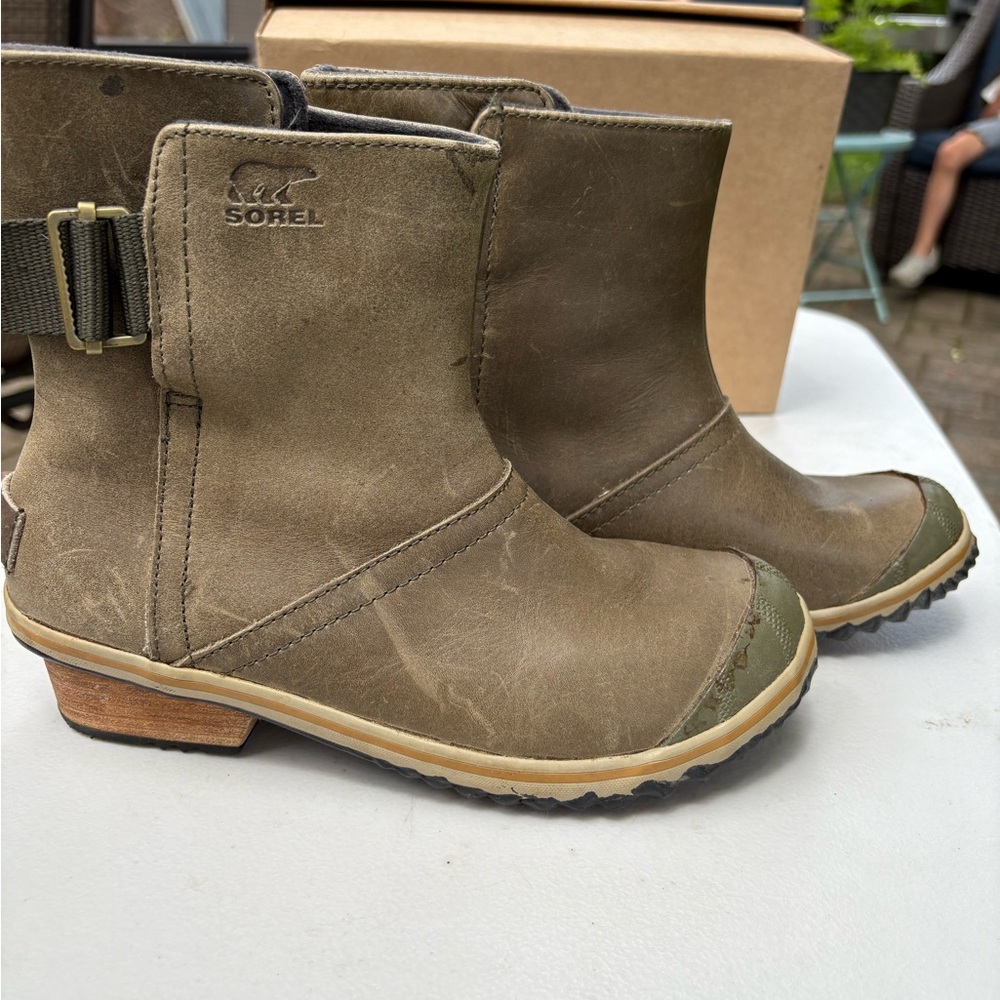Sorel Women Slimboot Green Nori Shortie Pull On Ankle Waterproof Boots Size 6.5